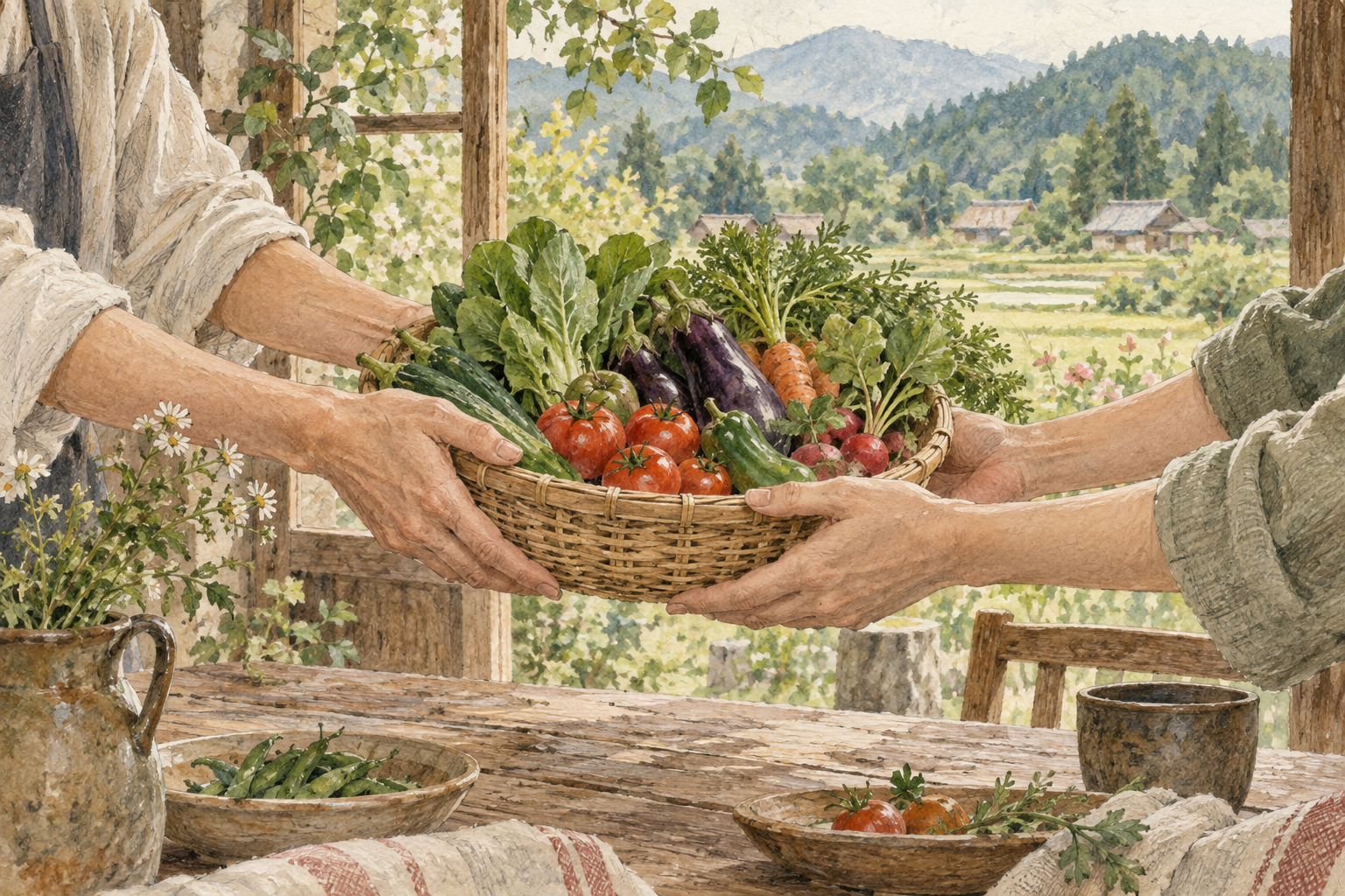野菜を手渡し合う交流のイメージイラスト