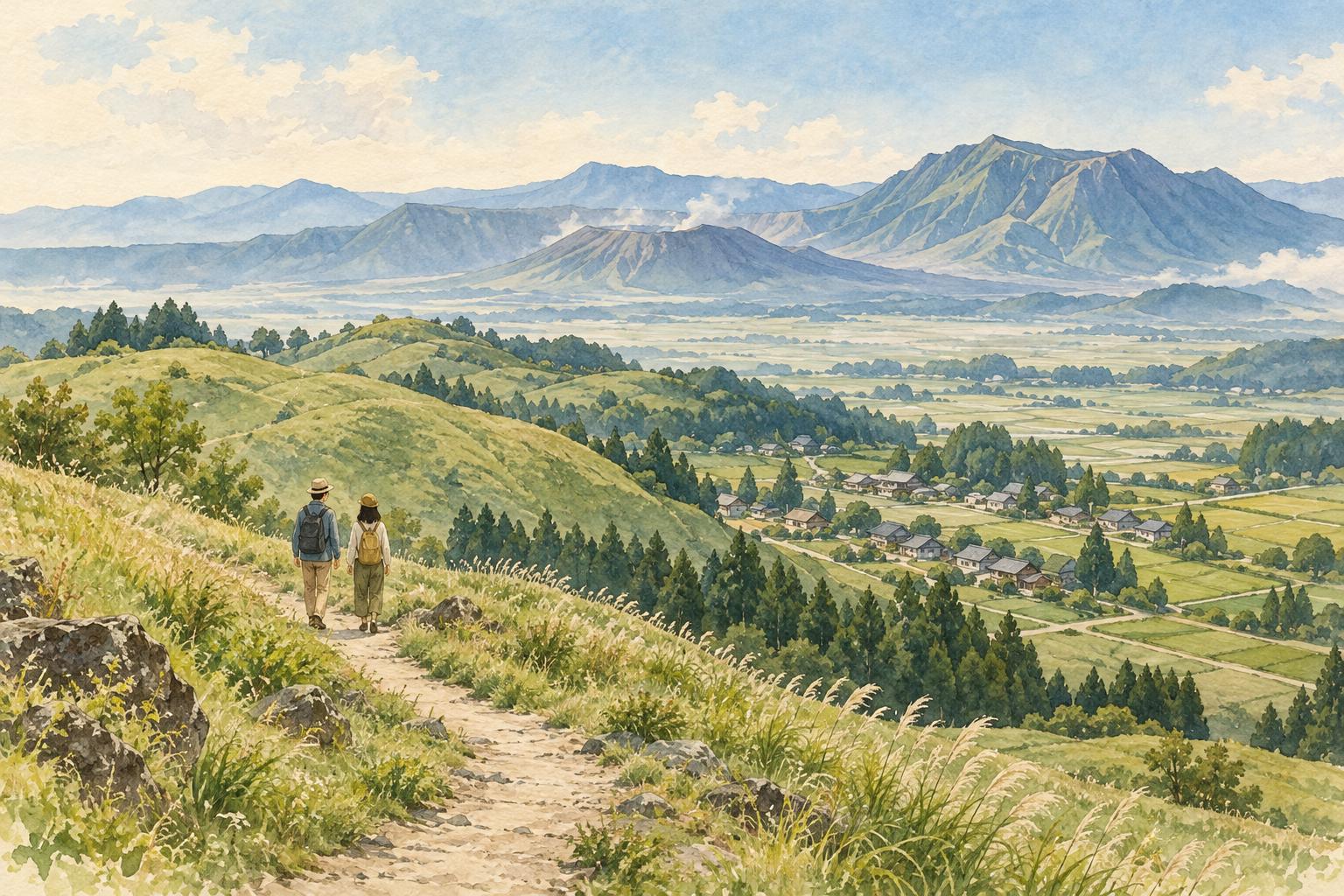 阿蘇の草原と集落へ続く道を歩く旅人の水彩イラスト