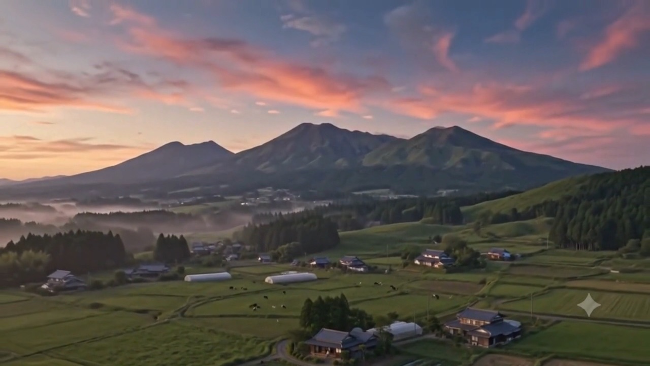 夕暮れの阿蘇の山並みと農村のイメージ